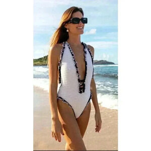 My Beachy Side Rio One Piece Swimsuit White and Black Crochet NEW, NWT!